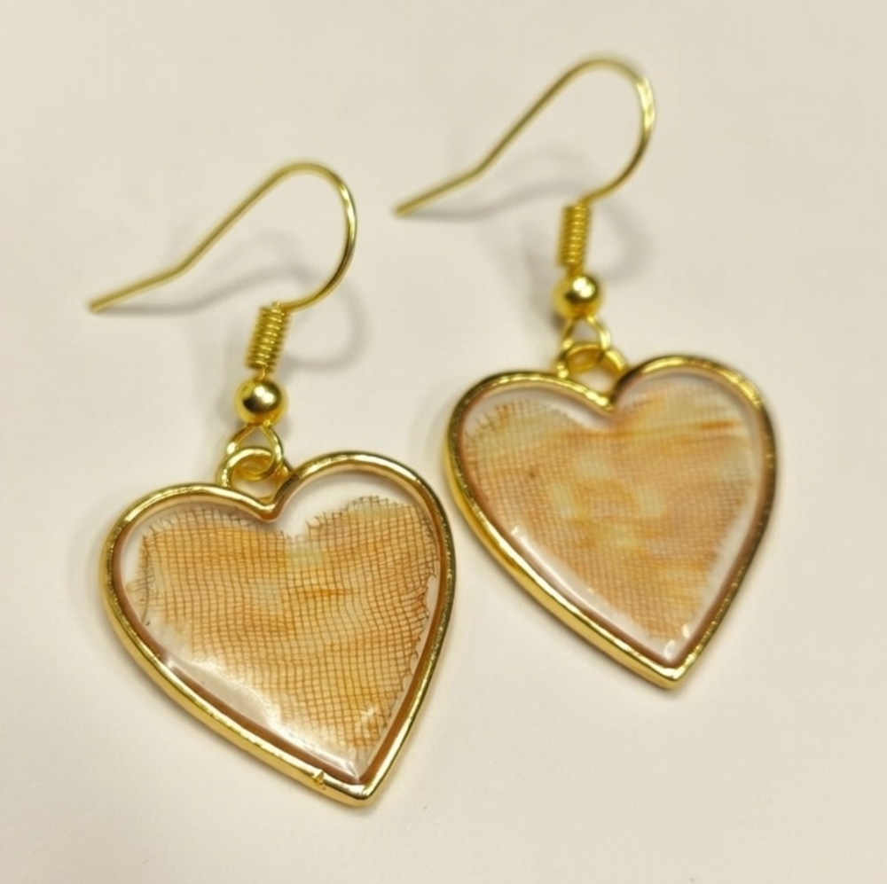 Gold Fabric And Resin Heart Earrings